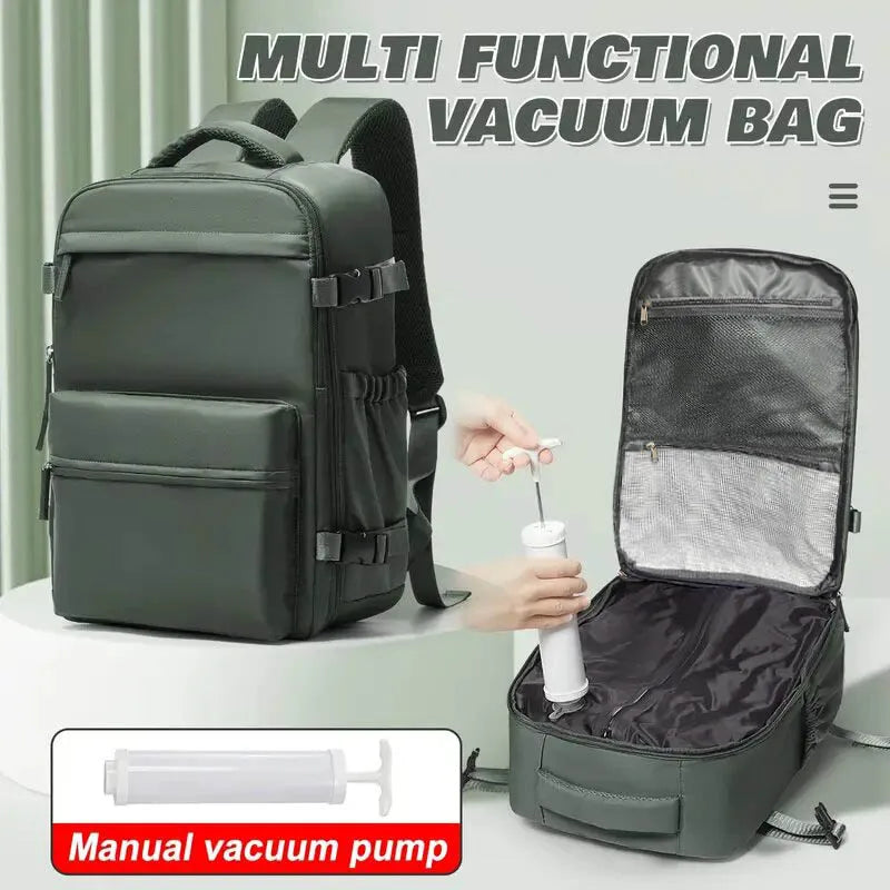 Vacuum backpack with pump for travel, air compression vacuum system, boarding, carry on luggage, and strong sealed airbags for t
