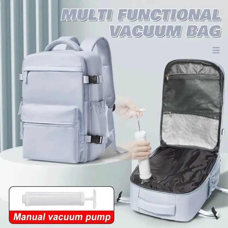 Vacuum backpack with pump for travel, air compression vacuum system, boarding, carry on luggage, and strong sealed airbags for t