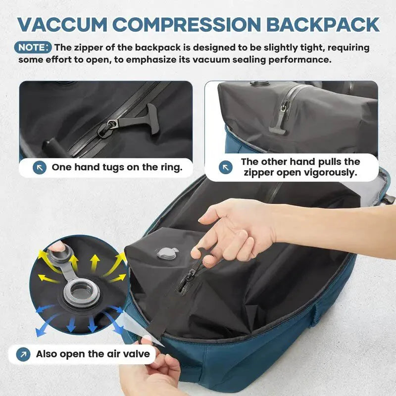 Vacuum backpack with pump for travel, air compression vacuum system, boarding, carry on luggage, and strong sealed airbags for t