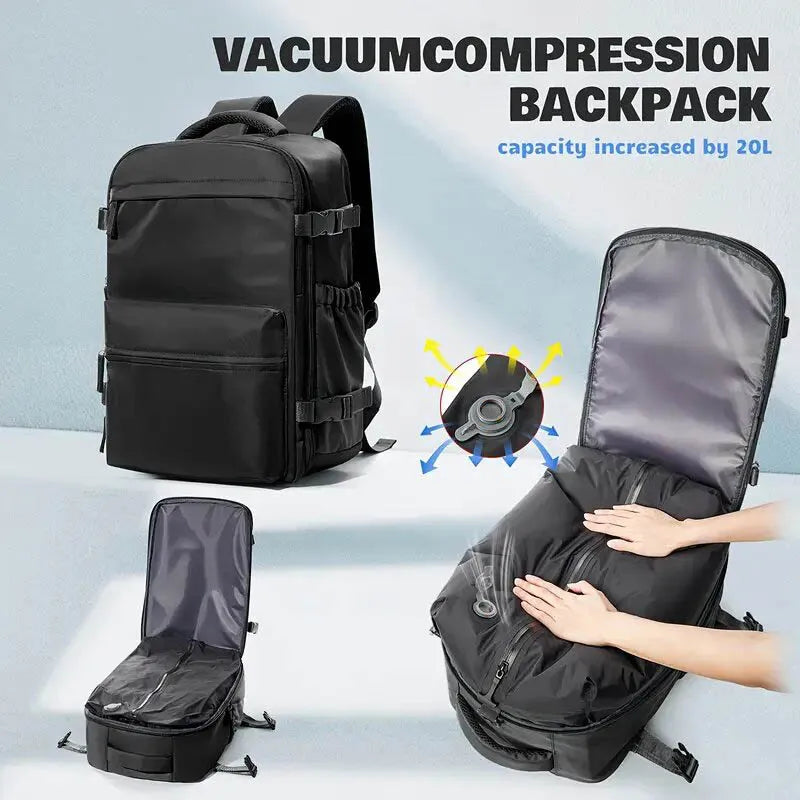Vacuum backpack with pump for travel, air compression vacuum system, boarding, carry on luggage, and strong sealed airbags for t