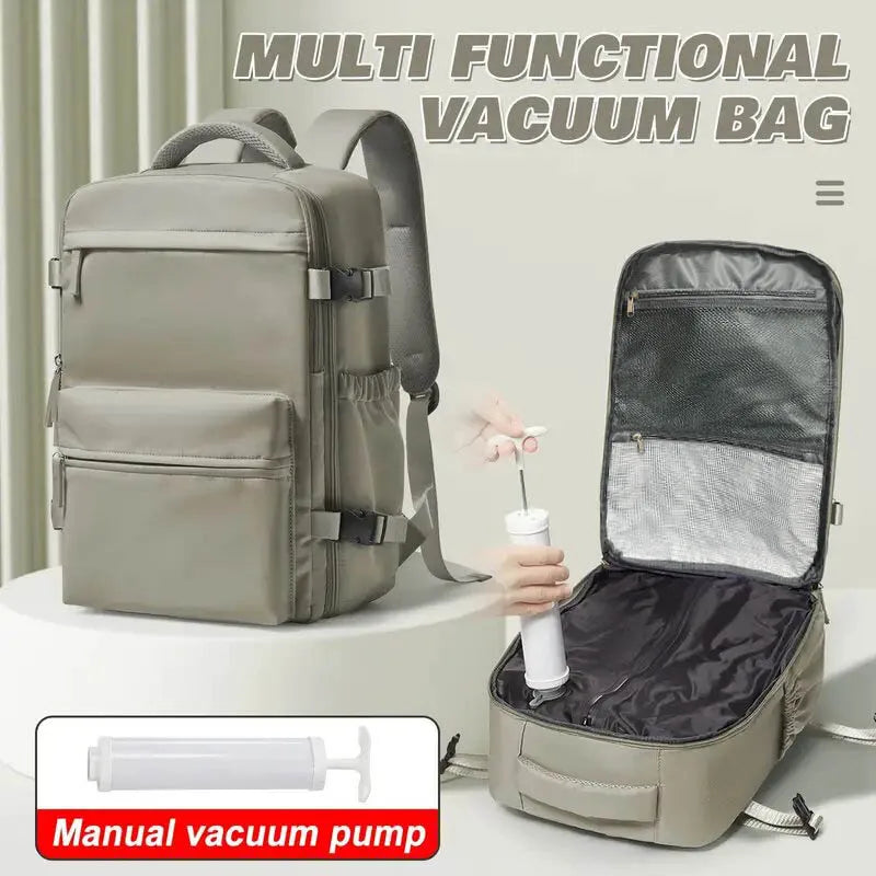 Vacuum backpack with pump for travel, air compression vacuum system, boarding, carry on luggage, and strong sealed airbags for t