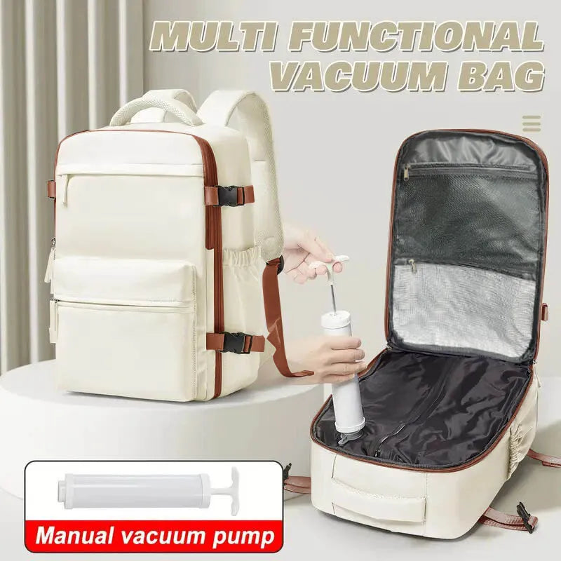 Vacuum backpack with pump for travel, air compression vacuum system, boarding, carry on luggage, and strong sealed airbags for t