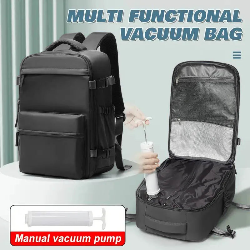 Vacuum backpack with pump for travel, air compression vacuum system, boarding, carry on luggage, and strong sealed airbags for t