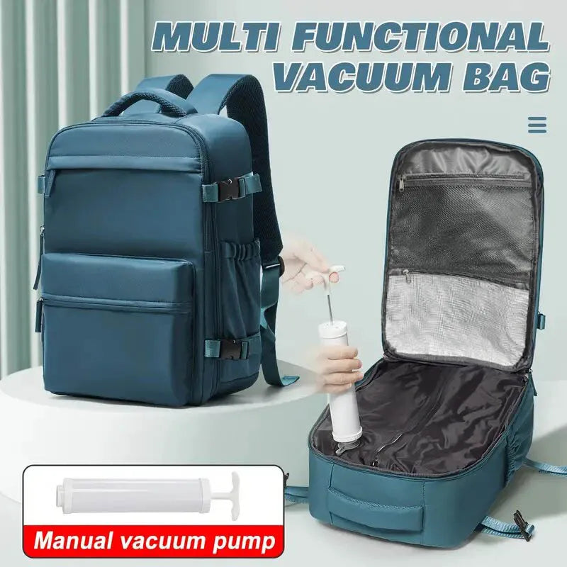 Vacuum backpack with pump for travel, air compression vacuum system, boarding, carry on luggage, and strong sealed airbags for t